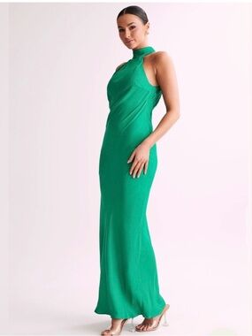 Meshki Claire Satin Drape Back Maxi Dress Green NWT XS